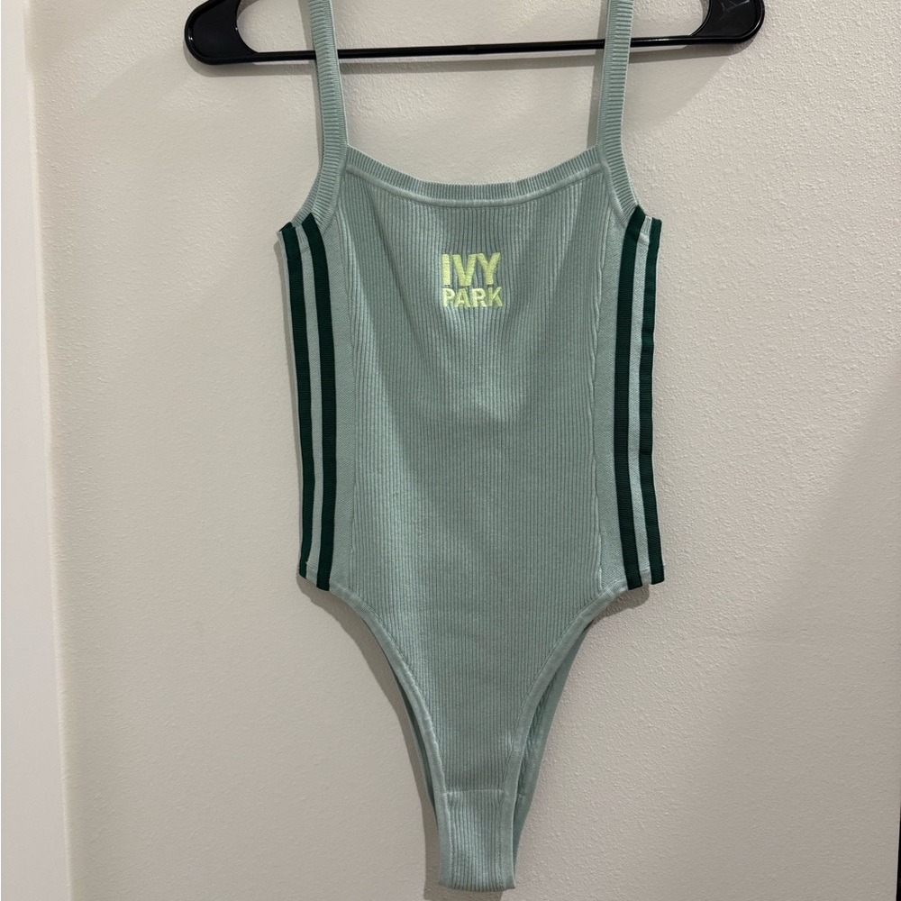 IVY PARK Light Sage Ribbed Bodysuit with Dark Green Stripes
